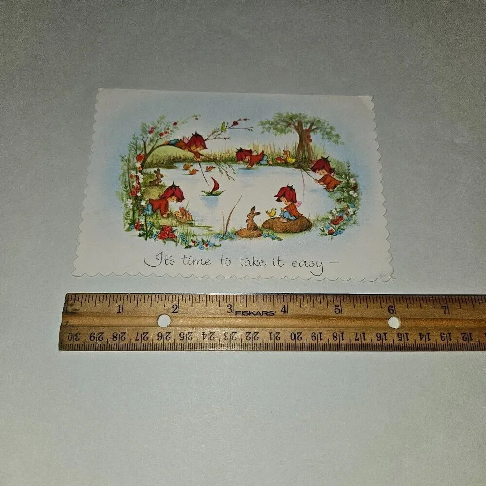 VTG Get Well Greeting Card Child Lake Bunny Duck Scalloped Edges Famous Artists